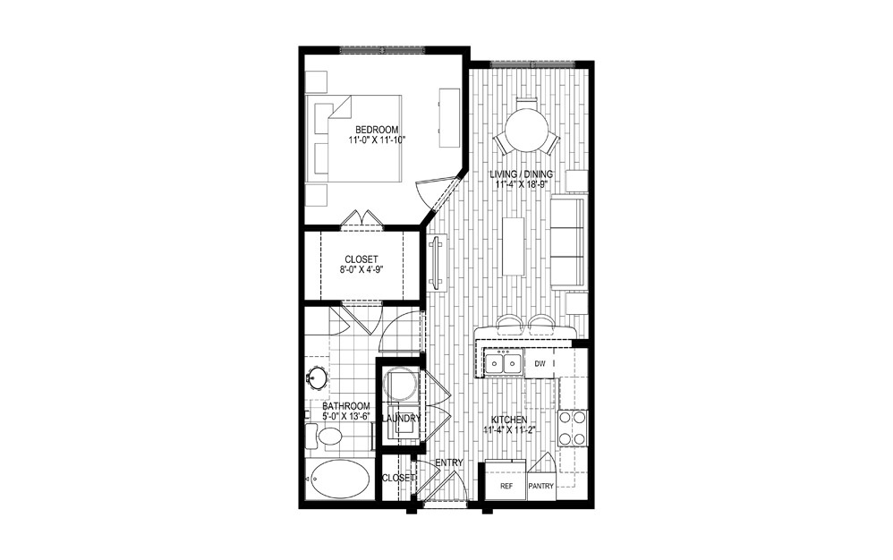 A0 - 1 bedroom floorplan layout with 1 bath and 647 square feet.