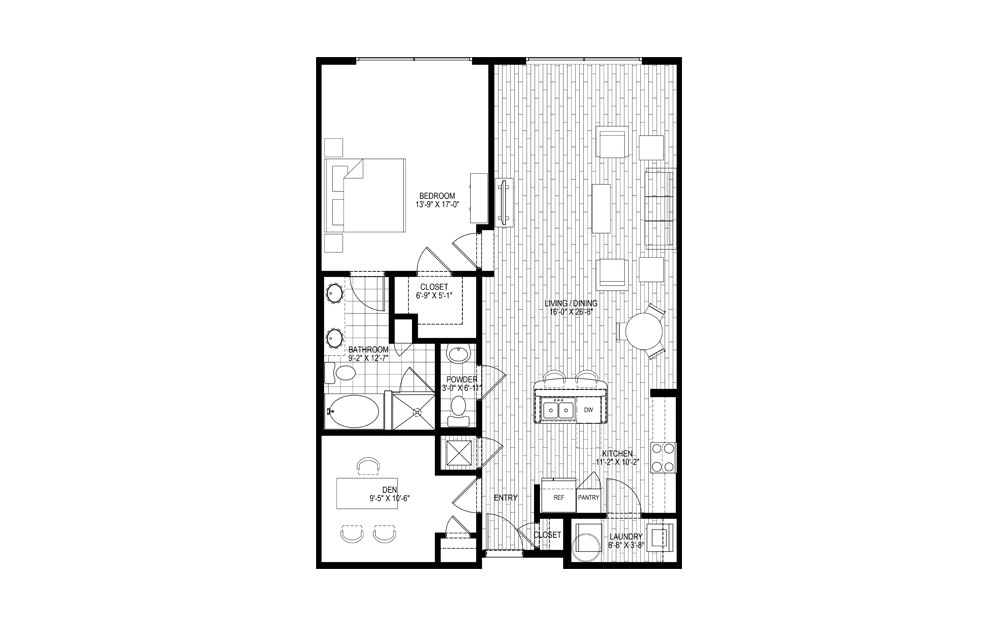 L4S - 1 bedroom floorplan layout with 1.5 bath and 1253 square feet.