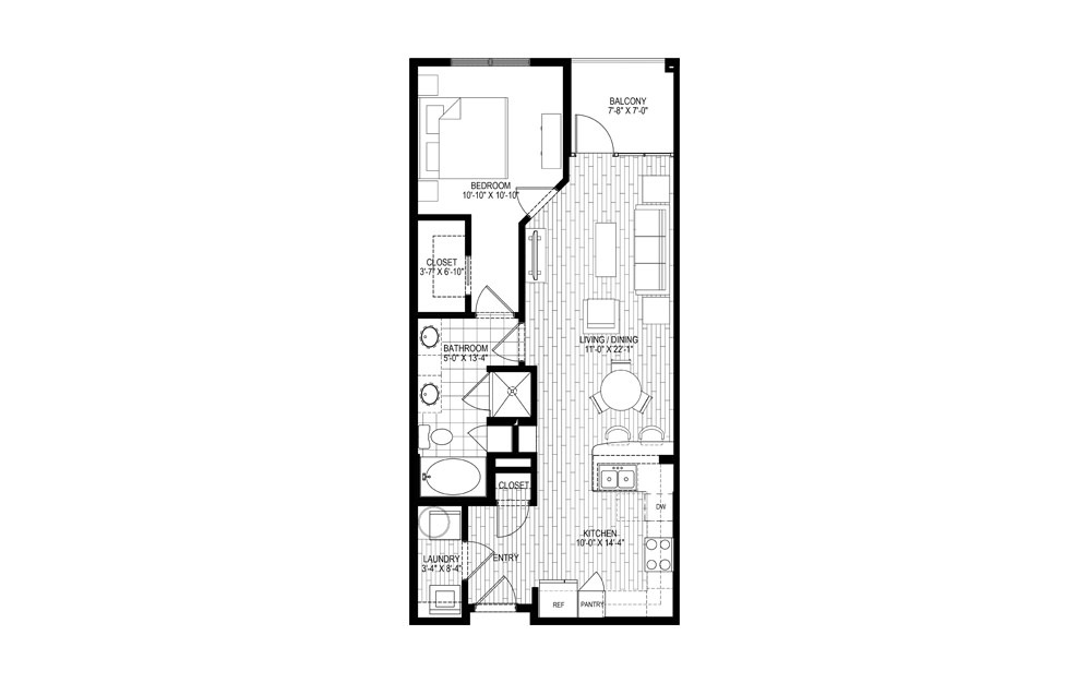 L1 - 1 bedroom floorplan layout with 1 bathroom and 780 square feet