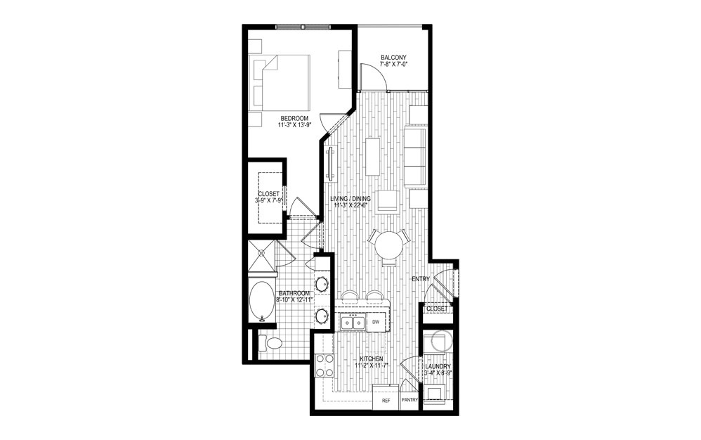 L2 - 1 bedroom floorplan layout with 1 bath and 815 square feet.