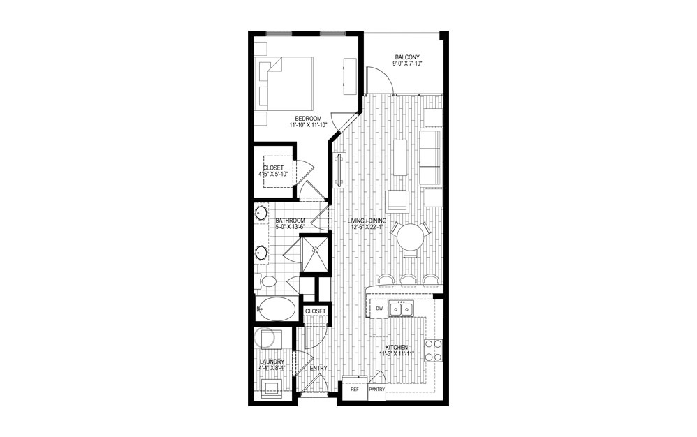 L3 - 1 bedroom floorplan layout with 1 bath and 874 square feet.