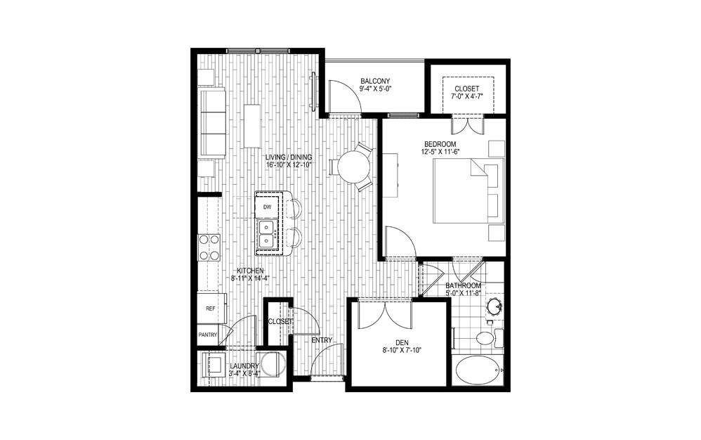 A3 - 1 bedroom floorplan layout with 1 bath and 883 square feet.