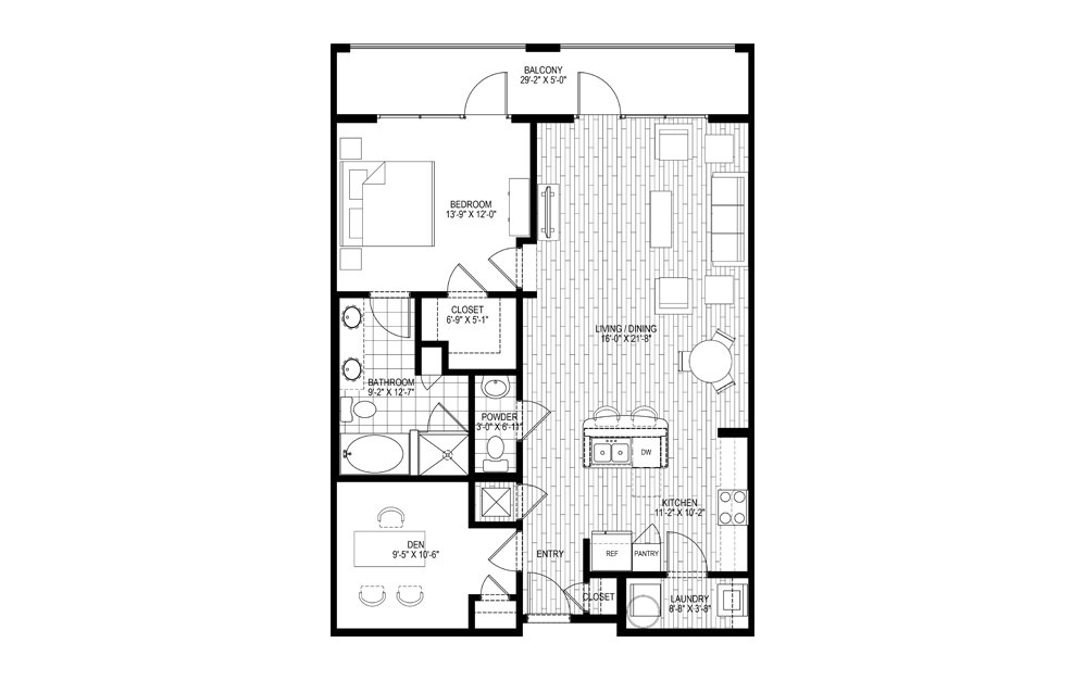 L4 - 1 bedroom floorplan layout with 1.5 bath and 1103 square feet.