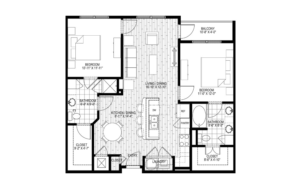 B1 - 2 bedroom floorplan layout with 2 baths and 1047 square feet.