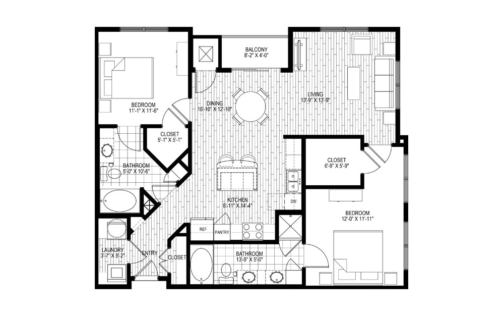 B2 - 2 bedroom floorplan layout with 2 bathrooms and 1166 square feet