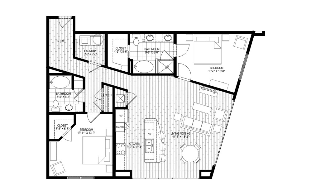 L7 - 2 bedroom floorplan layout with 2 bathrooms and 1357 square feet