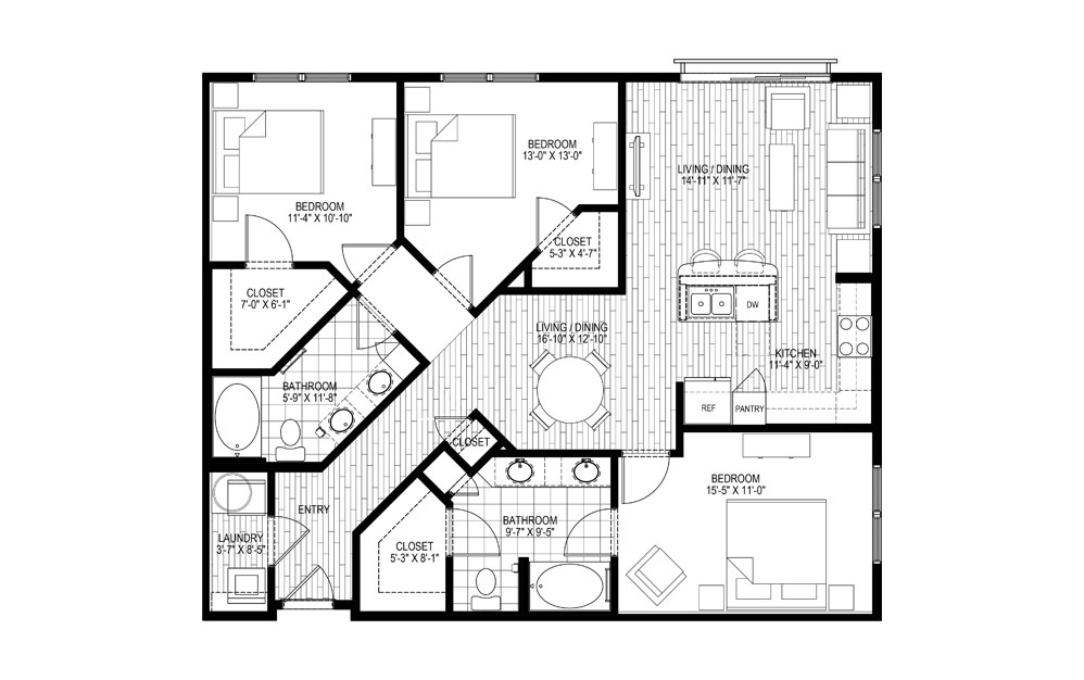 C1 - 3 bedroom floorplan layout with 2 baths and 1350 square feet.